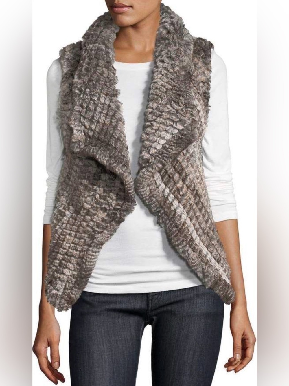 Bagatelle faux rabbit fur open-front vest M Asymmetric Waterfall Draped Front